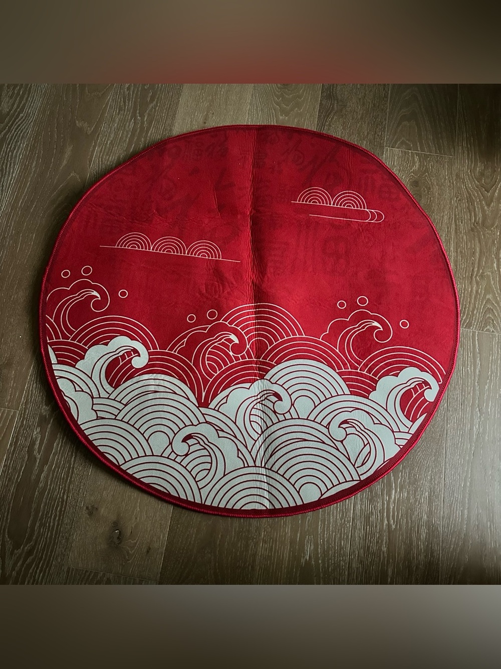 Round Red Floor Mat with White Wave Design Diameter ~39 inch